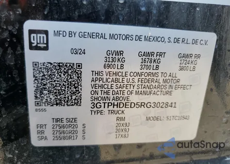 2024 GMC Sierra C1500 Slt z USA, uszkodzony, nr VIN 3GTPHDED5RG302841